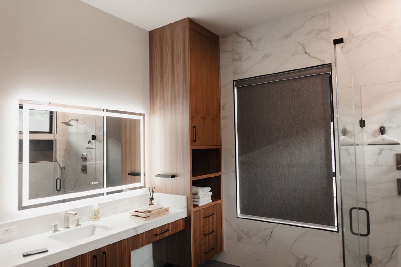 Luxury bathrrom with blackout blinds